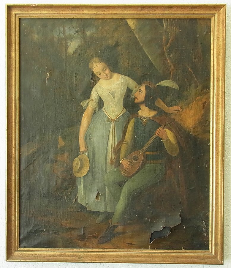 Lg ESTATE FIND European School 18C 19C Courtship Co: Lg ESTATE FIND European School 18C 19C Courtship Continental Romantic Genre Painting Old Italian Provenance O/C CNX European School 18th or 19th century, gentleman and a maiden in classical or Renaiss