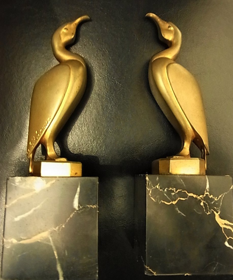 George H Laurent Pr Gilt Bronze Emperor Penguin scu: George H Laurent Pr Gilt Bronze Emperor Penguin sculpture Bookends Art Deco Dore Marble Plinths signed #d Arctic Subject Statues LAURENT, George H. (French, active circa 1920): Emperor Penguins: Pair 