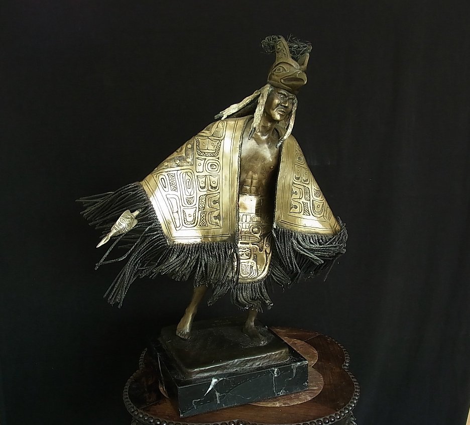 SIGNED Illegibly Large Tlingit Dancer II Gilt Silve: SIGNED Illegibly Large Tlingit Dancer II Gilt Silvered & Patinated Bronze 1992 Sculpture Statue Ed36 Dore Marble Plinth Original Cost $10,000.00 Local Estate Discovery Northwest Coast Native American