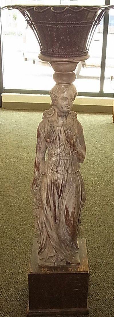 Antique 30" Carved Painted Folk Art Ship's Figurehe: Antique 30" Carved Painted Folk Art Ship's Figurehead Type or Architectural Woman Holding Flowers or a Floral Wreath Fully Modeled Wooden Sculpture Classical Statue in the Neo-Classical, Greek or Roma