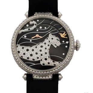 Rare Cartier 18k White Gold Diamond Panther Automaton 43mm Watch: Described By:Michelle CNX NEED Title:Rare Cartier 18k White Gold Diamond Panther Automaton 43mm Watch Description: Rare Cartier 18k White Gold Diamond Panther Automaton 43mm Watch. Very few of these w