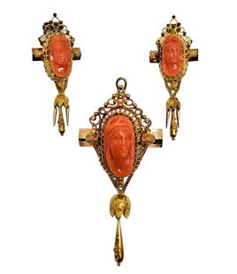 Victorian 14K Gold Finely Carved Undyed Red Coral Cameo Earring Pendant Suite: Title:Victorian 14K Gold Finely Carved Undyed Red Coral Cameo Earring Pendant Suite Description: Victorian 14K Gold Finely Carved Undyed Red Coral Cameo Earring Pendant Suite. Gold tests as 14k The ea