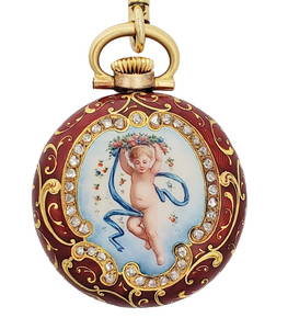 Exquisite Patek Philippe Enamel Diamond Putti Pendant Watch Guilloche Enamel Dial