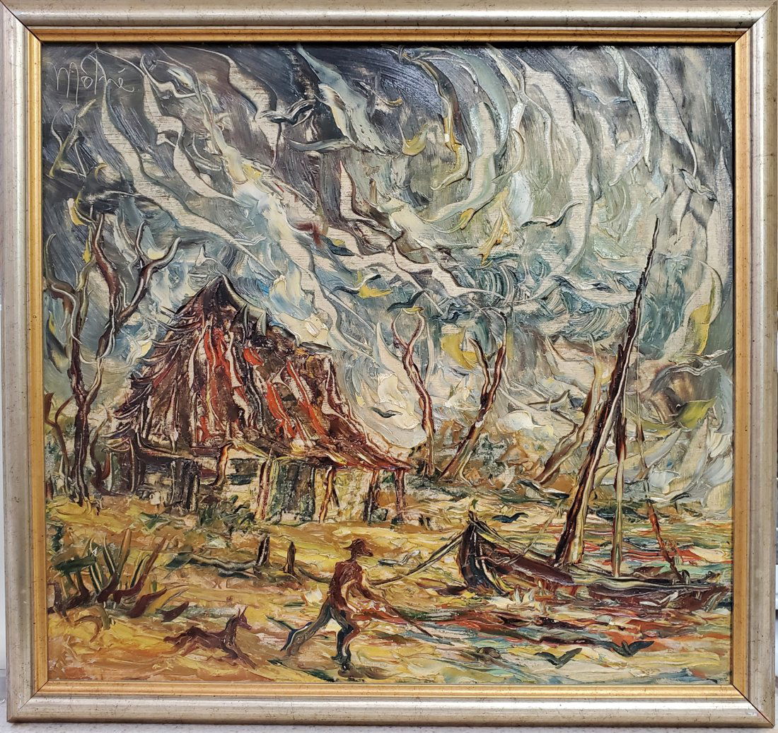 Hector Molne Cuban Oil Painting on Masonite Board Case de Pescador (1 of 6)