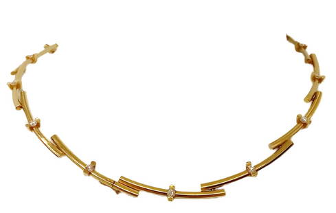 Signed Georg Jensen Diamond Articulated 18K Yellow Gold Tension Set Modernist Necklace 60g: Described & Photographed By: Kristina CNX 1529 7815 Title: Signed Georg Jensen Diamond Articulated 18K Yellow Gold Tension Set Modernist Necklace 60g Description:Signed Georg Jensen tension-set diamon