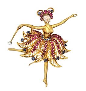 Van Cleef Arpels Ballerina VCA Diamond Ruby Sapphire Magic Wand Brooch Pendant 18k Gold