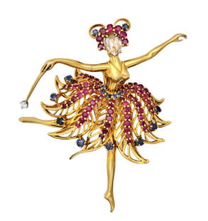 Van Cleef Arpels Ballerina VCA Diamond Ruby Sapphire Magic Wand Brooch Pendant 18k Gold: Described by:Ayanna HFA NEDDD Title:Van Cleef Arpels Ballerina VCA Diamond Natural Ruby Sapphire Magic Wand Brooch Pendant 18k Gold Description: Van Cleef Arpels Ballerina Diamond ruby Sapphire Magic