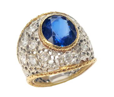 Buccellati 4.37ct Sapphire 18k White & Yellow Gold 0.70ctw Fine Diamond Ring w/ GIA Report: Title: Buccellati 4.37ct Sapphire 18k White & Yellow Gold 0.70ctw Fine Diamond Ring w/ GIA Report Description: Incredible Buccellati wide band ring in 18k white & yellow gold featuring a 4.37ct sapphi