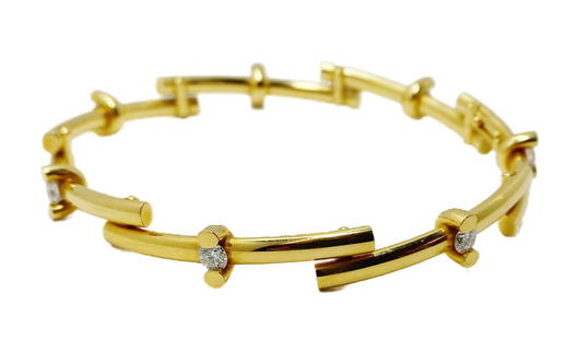 Signed Georg Jensen Diamond Articulated 18K Yellow Gold Tension Set Modernist Bracelet w/ Pouch: Described & Photographed By: Kristina CNX 1529 7825 Title: Signed Georg Jensen Diamond Articulated 18K Yellow Gold Tension Set Modernist Bracelet 26.8g Description:Gorgeous Signed Georg Jensen Articul