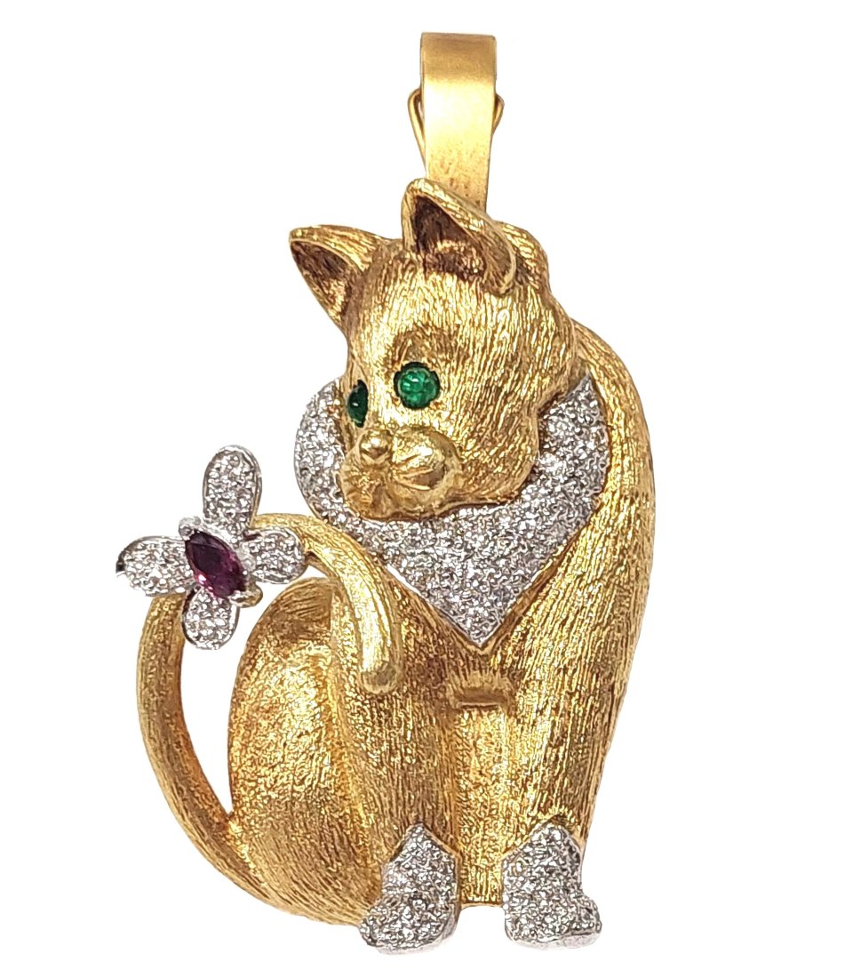Signed E. Wolf 18k Gold Diamond Emerald Eyed Cat w/ Butterfly Large English Made Enhancer Pendant (1 of 10)