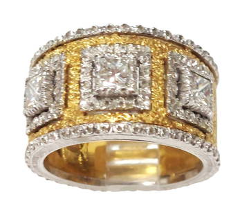 Buccellatti 18k White Yellow Gold Hi Quality Princess Cut Diamond Exquisite 3-Stone Wide Band Ring: Title: Buccellatti 18k White Yellow Gold Hi Quality Princess Cut Diamond Exquisite 3-Stone Wide Band Ring Size 6.75 Description: Clearly stamped & hallmarked by Italian designer Buccellati, here is an