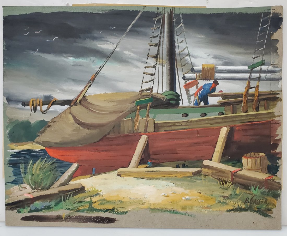 Henry Gasser Original Casein Painting Shipwreck Boat Storm Painting (1 of 4)