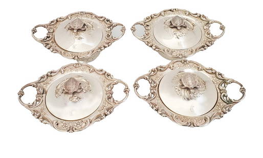 Sterling Silver 26.25ozt Turtle Soup Bowls Lidded Handled Set of 4: Described By:Michelle CNX VX 1537 7848 Title: Sterling Silver 26.25ozt Turtle Soup Bowls Lidded Handled Set of 4 Description:Sterling Silver 26.25ozt Turtle Soup Bowls Lidded Handled Set of 4 Hallmark