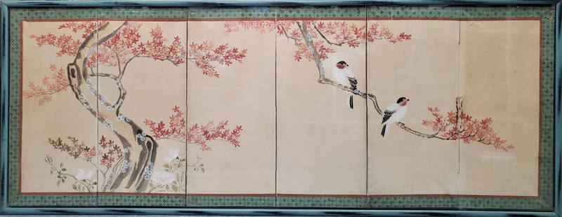 Japanese Meiji 6 Panel Hand Painted Bird Cherry Blossom Screen w Gallery Paper: Described By:Michelle CNX 1499 7720 Title:Japanese Meiji 6 Panel Hand Painted Bird Cherry Blossom Screen w Gallery Paper Description: Japanese Meiji 6 Panel Hand Painted Bird Cherry Blossom Screen w G