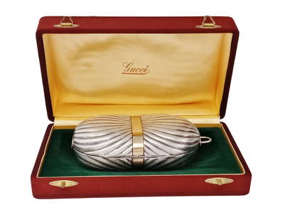 Chic 1970s Gucci 18K Gold Sterling Silver Vintage Minaudière Clutch Purse w/ Original Box: Described & Photographed By: Kristina HFA DT52874  Title: Chic 1970s Gucci 18K Gold Sterling Silver Vintage Minaudière Clutch Purse w/ Original Box Description:This gorgeous vintage Gucci clutch (min