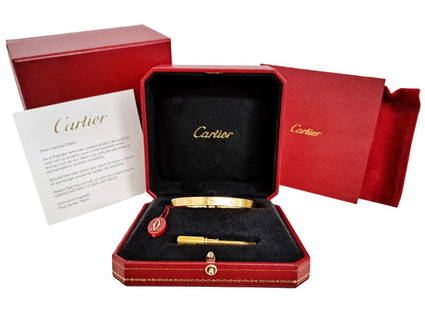 Cartier LOVE 18K Yellow Gold Ladies Bangle Bracelet w/ Box Booklet Tags: Described & Photographed By: Ayanna HFA DT49654 NFCED Title: Cartier LOVE 18K Yellow Gold Ladies Bangle Bracelet w/ Box Booklet Tags Description:Cartier LOVE 18K Yellow Gold Ladies Bangle Bracelet w/