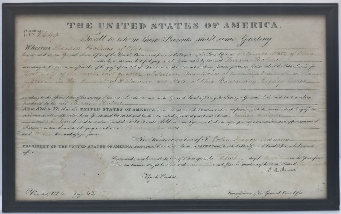 Signed By US President John Quincy Adams 1825 American Land Grant Delaware County OH (1 of 10)