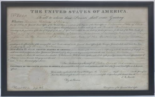 Signed By US President John Quincy Adams 1825 American Land Grant Delaware County OH: Title:1825 American Land Grant Signed By US President John Quincy Adams Description: Framed 1825 Land Grant signed by then-President John Quincy Adams to a one Hiram Holmes of Delaware County, OH for