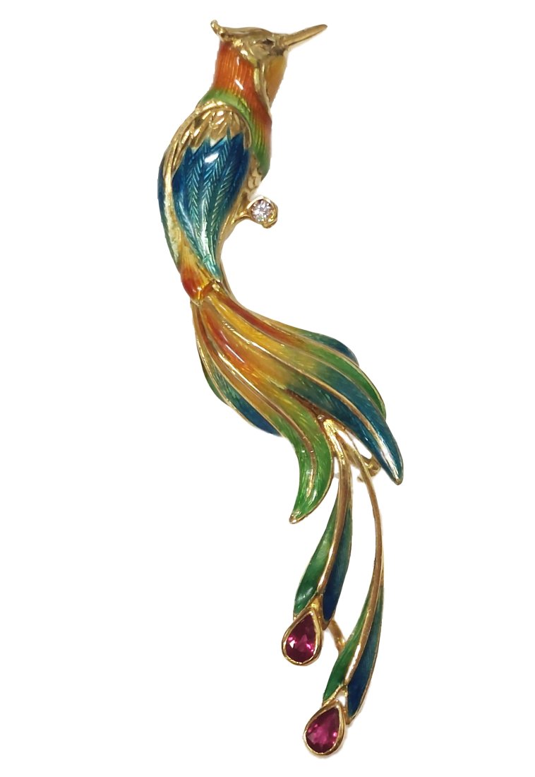 Signed Diamond Natural Ruby 18k Gold Colorful Enamel Large Vintage Tropical Bird Brooch (1 of 9)