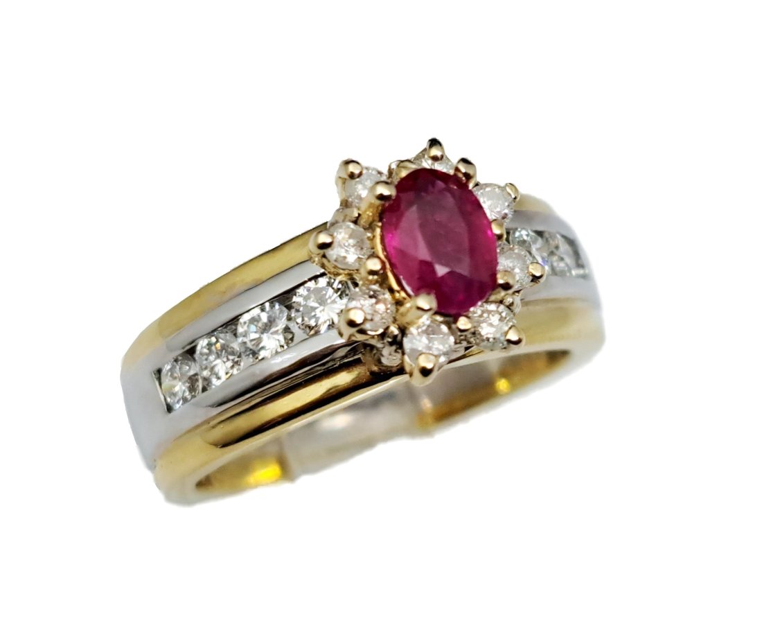 Simon G 18K Yellow White Gold Natural Ruby Fine Diamond Ladies Halo Ring Numbered (1 of 5)
