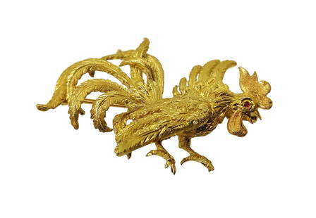 Signed Designer Buccellati Italian 18K Gold Ruby Eye Rooster Brooch Pin 13.46g: Described & Photographed By: Kristina HFA DT52986 NFDDD Title: Signed Designer Buccellati Italian 18K Yellow Rose Gold Ruby Eye Rooster Brooch Pin Description:This show-stopping vintage brooch feature