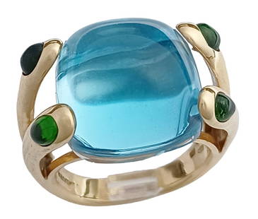 Verdura 18K Gold Blue Topaz Green Tourmaline Italian Designer Ring: Title: Verdura 18K Gold Blue Topaz Green Tourmaline Italian Designer Ring Description:Verdura 18K Gold Blue Topaz Green Tourmaline Italian Designer Ring   Here are the specifications:  T