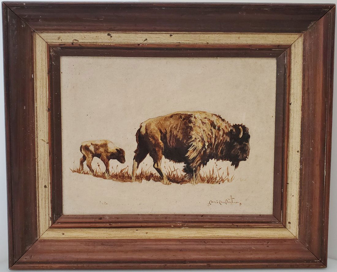 American Bison Buffalo Calf Oil Painting on Canvas Board Signed Illegibly: Described By:Michelle NED 53031 Title:American Bison Buffalo Calf Oil Painting on Canvas Board Signed Illegibly Description: American Bison Buffalo Calf Oil Painting on Canvas Board Signed Illegibly S