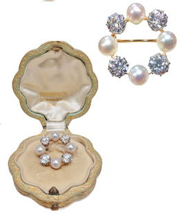 Antique Tiffany Platinum 18K Diamond GIA Natural Pearl Circle Brooch Circa 1900's Hand Numbered: Title: Antique Tiffany & Co. Paris Platinum 18K Gold Diamond Pearl Circle Brooch Circa 1900's Hand Numbered 3CTW Description:Antique Tiffany & Co. Paris Platinum 18K Gold Fine Diamond Pearl Circle Bro