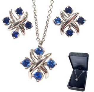 Tiffany & Co. Schlumberger Platinum Fine Blue Sapphire Lynn Collection Necklace Earring Set w/ Box: Title: Tiffany & Co. Schlumberger Platinum Fine Blue Sapphire Lynn Collection Necklace Earring Set w/ Box Description: Another of Jean Schlumbergers popular creations for Tiffany that features velvety