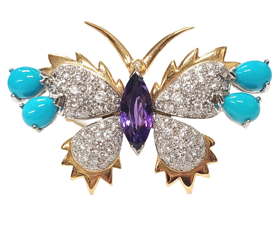 Tiffany & Co Schlumberger Persian Turquoise Amethyst Diamond 18k Gold Platinum Butterfly Brooch (1 of 8)