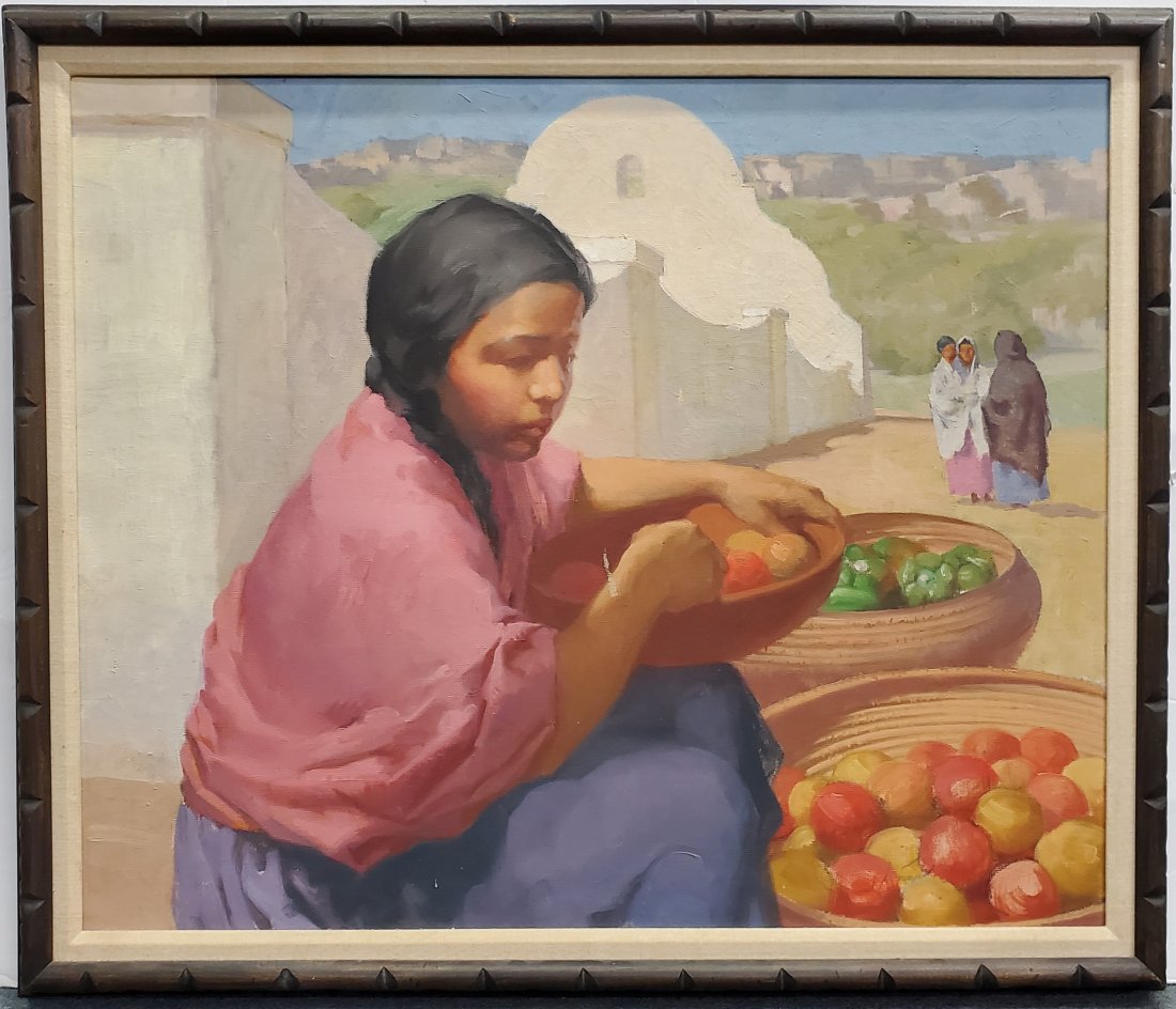 Charles Bensco Native American Girl Sorting Fruit Oil Painting on Canvas: Described By:Michelle NRDD 53182 Title:Charles Bensco Native American Girl Sorting Fruit Oil Painting on Canvas Description: Charles Bensco Native American Girl Sorting Fruit Oil Painting on Canvas. B