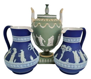 Lot 3 Large Wedgwood Blue Green Jasperware Pitchers Covered Lidded Jar Urn Handled Neoclassical: Title:Lot 3 Large Wedgwood Blue Green Jasperware Pitchers Covered Lidded Jar Urn Handled Neoclassical Description: A lot of three large Wedgwood blue and green jasperware pitchers, lidded jars/urns wi