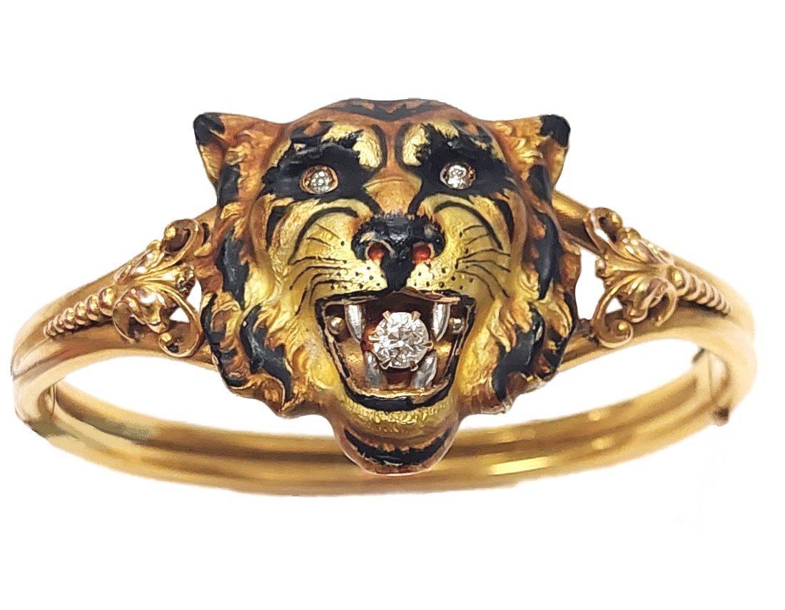 Victorian Era 14k Gold Old Euro Cut Diamond Enamel Tiger Antique Bangle Bracelet (1 of 8)