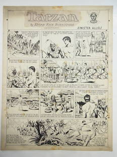 Hogarth, Burne Tarzan, Sunday comic strip, NY, Sini: Title: Hogarth, Burne Tarzan, Sunday comic strip, NY, Sinister Allies episode, inscribed w/ artist's W. 86th St., NYC address and United Feature Syndicate Daily News Building addresses on reverse,