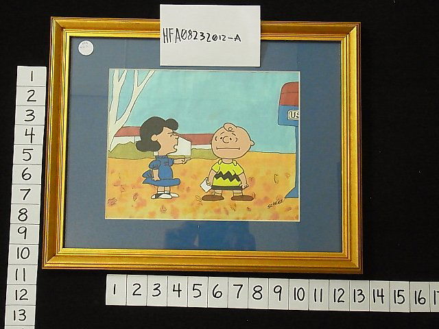Peanuts Animation Production Cel Lucy & Charle Bro: Title: Peanuts Animation Production Cel Lucy & Charle Brown Signed By Charles Schulz with Hand Painted Background Description: Vivid color Peanuts Animation Production Cel depicting an image of Lucy