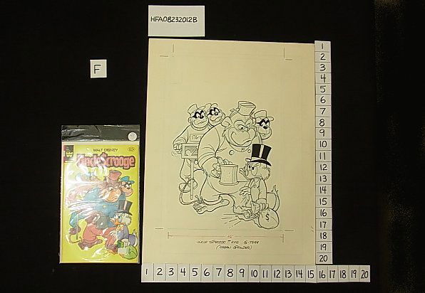 Original Uncle Scrooge ORGAN GRINDER Photo Ready L: Title: Original Uncle Scrooge ORGAN GRINDER Photo Ready Line Drawing for Walt Disney Uncle Scrooge Comic Book Cover w/ sealed Whitman Comic Book Issue Description: This is an original photo ready lin