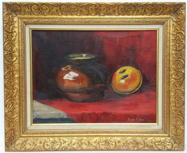 Anna Fisher Arts and Crafts Movement Still Life Impressionist Oil Painting: Described By:Michelle NODD HFA VX Title:Anna Fisher Arts and Crafts Movement Still Life Impressionist Oil Painting Description: Anna S. Fisher, NA Arts and Crafts Movement tabletop Still Life with a