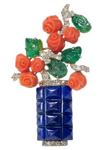 Midcentury Cartier Diamond Carved Coral Jade Lapis 18k Gold Platinum Flower Brooch Signed & Numbered: Title: Midcentury Cartier Diamond Carved Coral Jade Lapis 18k Gold Platinum Unique Flower Pot Brooch Signed & Numbered Description: A one-of-a-kind midcentury Cartier treasure made in 18k gold &