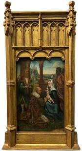 Renaissance Old Master Altarpiece Adoration Magi Oil Painting Christ Child Virgin Mary Wise Men: Title:Renaissance Old Master Altarpiece Adoration of the Magi Oil Painting Christ Child Virgin Mary Nobleman Wise Men Ermine Collar Attendants Tabernacle Frame Gothic Medieval Subject Description: