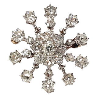 Antique Aprx 6ctw Quality Old Euro Diamond 18k Gold Platinum Victorian Snowflake Pendant Brooch: Title: Antique Approx 6ctw Quality Old Euro Diamond 18k Gold Platinum Victorian Era Snowflake Pendant or Brooch Description: A genuine Victorian era 18k & platinum snowflake design brooch featuring