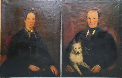 19c Folk Art American Itinerant Portrait Oil Painting Pair Dog Jewelry Lace Likely Fraternal Pin: Described By:Michelle CNX VX 1575 7979 Title:19c Folk Art American Itinerant Portrait Oil Painting Pair Dog Jewelry Lace Likely Fraternal Pin Description: Circa late 2nd quarter 19th century. Oil on