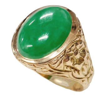 8.96ct Type A Untreated Jadeite Fine Green Jade 14k Gold Vintage Unisex Ring w/ Mason Kay Report: Title: 8.96ct Type A Untreated Jadeite Fine Green Jade 14k Gold Vintage Unisex Ring w/ Mason Kay Report Description: Gorgeous translucent green jadeite that is set in a floral relief mounting of 14k