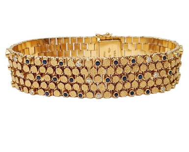 Van Cleef & Arpels 18k Gold 2.2ctw Natural Sapphire Fine Diamond Fancy Link VCA Midcentury Bracelet: Listed by:CHRIS / NMEDD 53334 Title: Van Cleef & Arpels 18k Gold 2.20ctw Natural Sapphire Fine Diamond Fancy Link Signed VCA Midcentury Bracelet Description: A masterfully made 18k gold, fancy