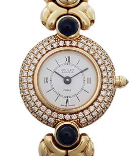 Van Cleef Arpels 18k Gold Diamond Sapphire Ladies Wrist Watch Box: Described By:Michelle CNX 1559 7949 Title:Van Cleef Arpels 18k Gold Diamond Sapphire Ladies Wrist Watch Box Description: Van Cleef Arpels 18k Gold Diamond Sapphire Ladies Wrist Watch Box.