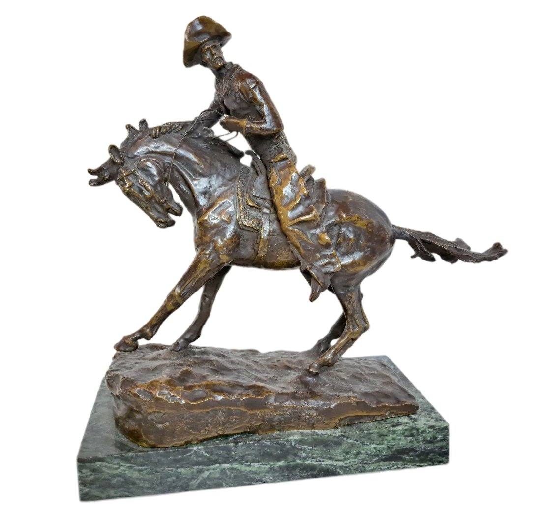 Vintage Bronze After Fredrick Remington Cowboy Horseback: Described By:Ayanna HFA VX NME Title:Vintage Bronze After Fredrick Remington Cowboy Horseback Description: Vintage Bronze After Fredrick Remington Cowboy Horseback. Light wear. There is a bit of chipp