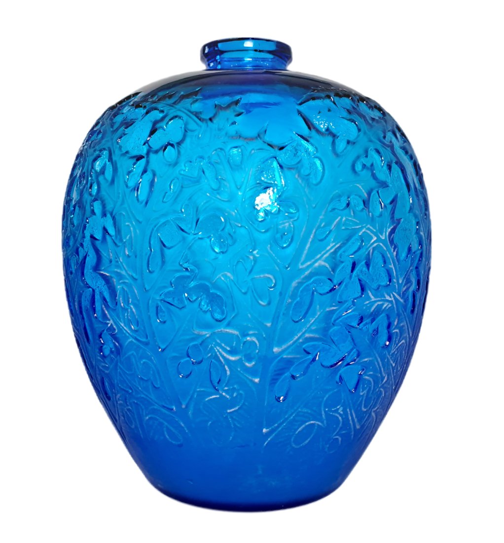 Large Vintage Czech After Lalique Blue Raised Designed Floral Vase Art Glass (1 of 6)