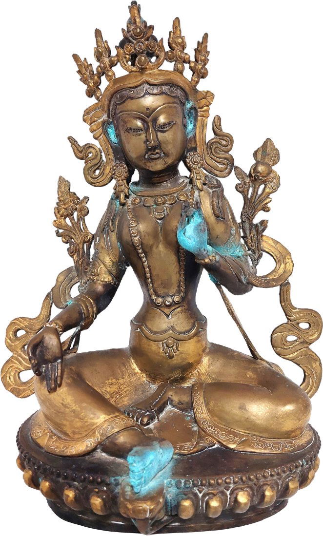 Antique 16 Inch Green Tara Lotus Position Statue Buddha Brass Bronze Statue (1 of 12)