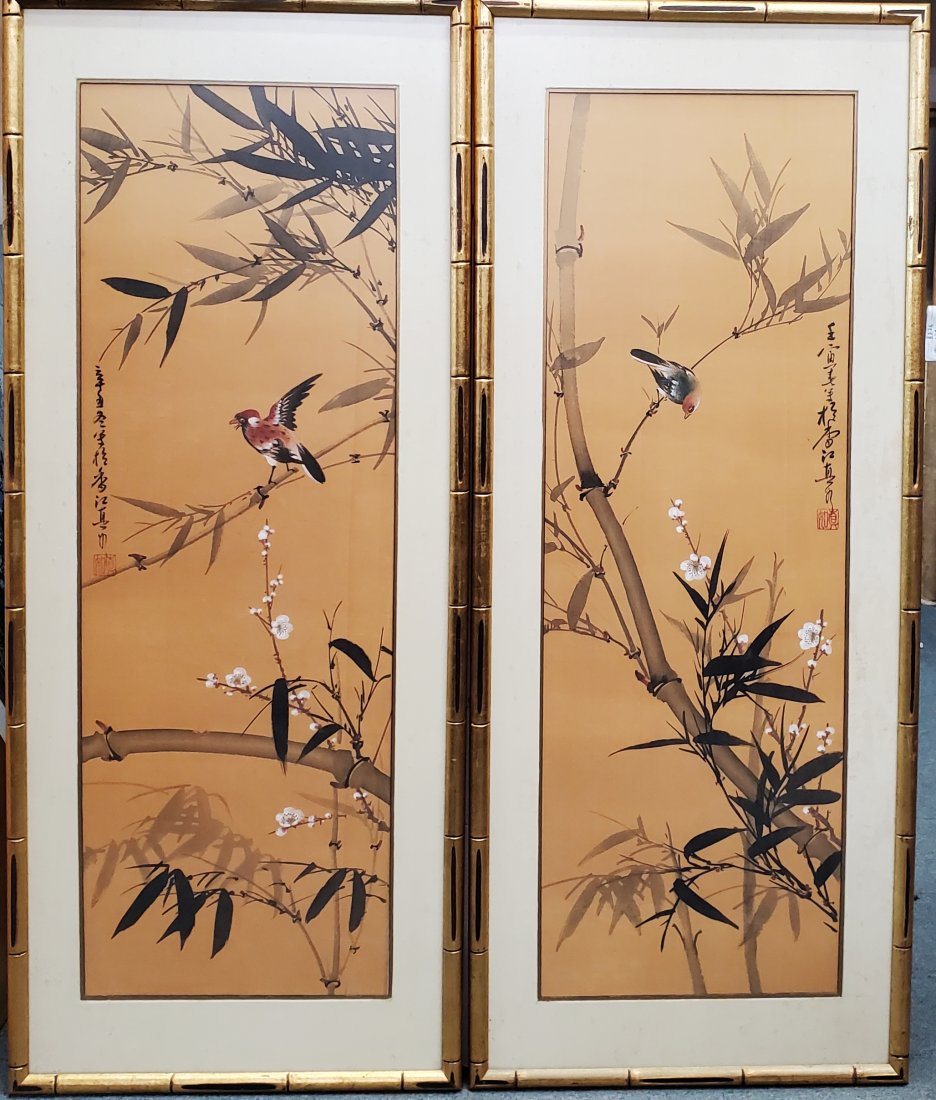 Hand Painted Silk Chinese or Japanese Panel Scroll Painting Pair (1 of 6)