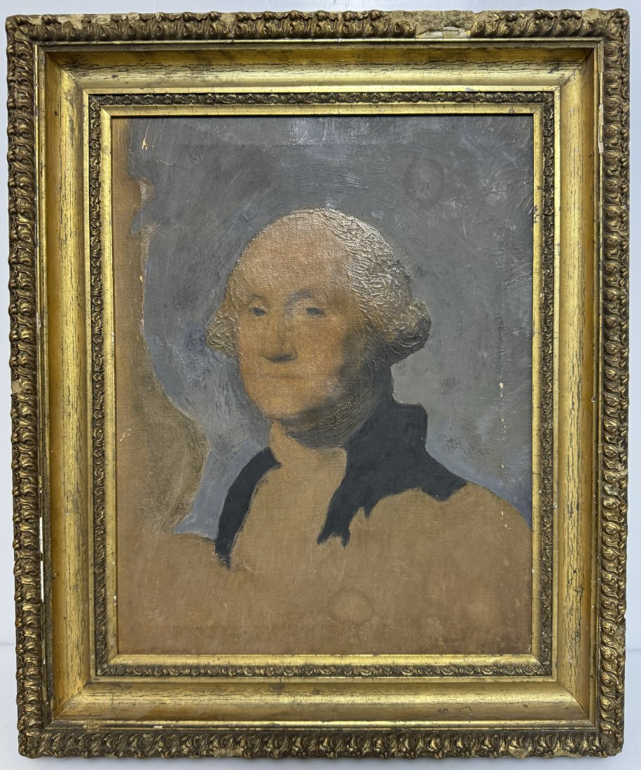 George Washington Early 20th Century Oil Painting Reproduction in Victorian Frame: Described by:Sam HFA Title:Early 20th Century Oil Painting Reproduction George Washington in Victorian Frame Description: A very interesting piece for a number of reasons, but foremost due to the proc