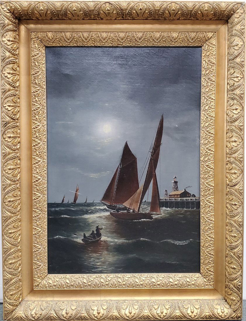 James Gale Tyler School Sailboat Nocturne Seascape Oil Painting: Described By:Michelle 2024X Title:James Gale Tyler School Sailboat Nocturne Seascape Oil Painting Description: James Gale Tyler School Sailboat Nocturne Seascape Oil Painting Signature:No visible